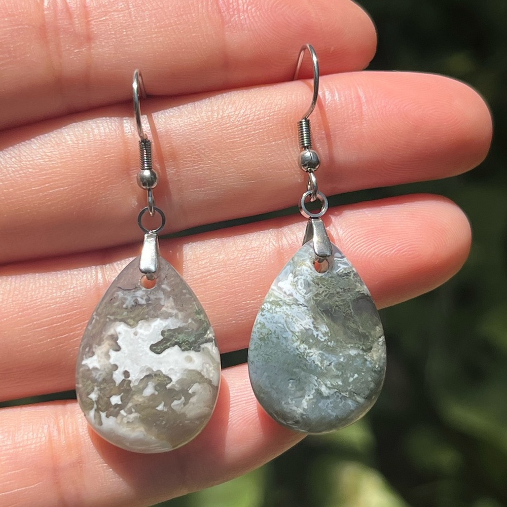 Stainless steel green moss agate drop earrings